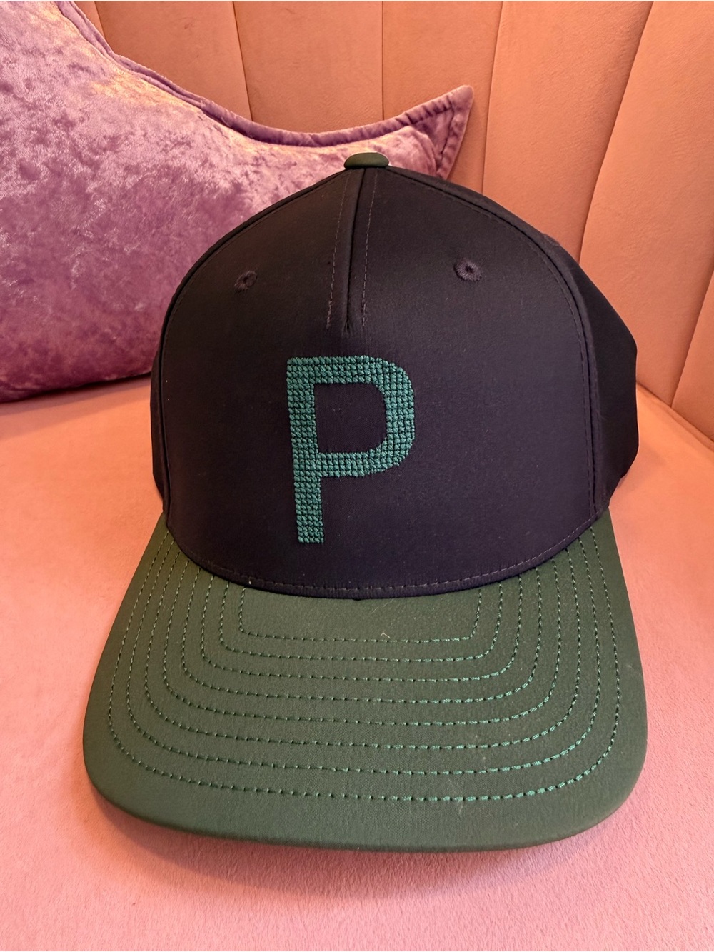 Puma Black Cap with Green Brim and Embroidered P
